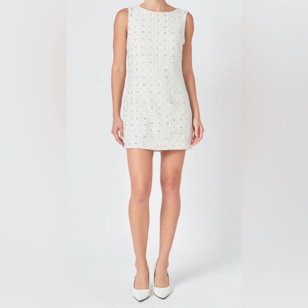Endless Rose - Premium Floral Embellishment Sequin Tweed Shift Minidress